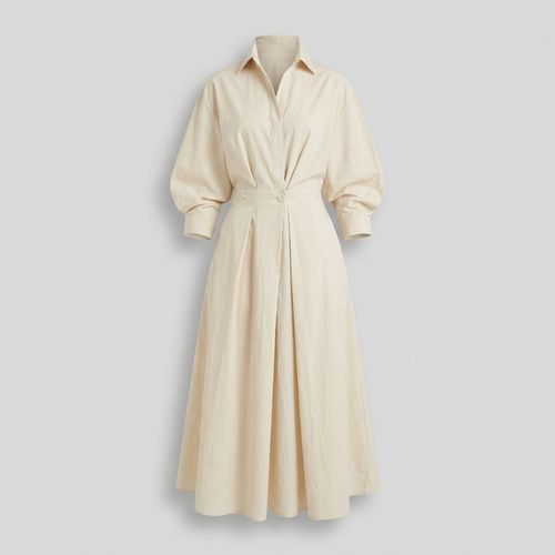 Elegant V-Neck Midi Shirtdress Beige