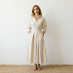 Elegant V-Neck Midi Shirtdress Beige