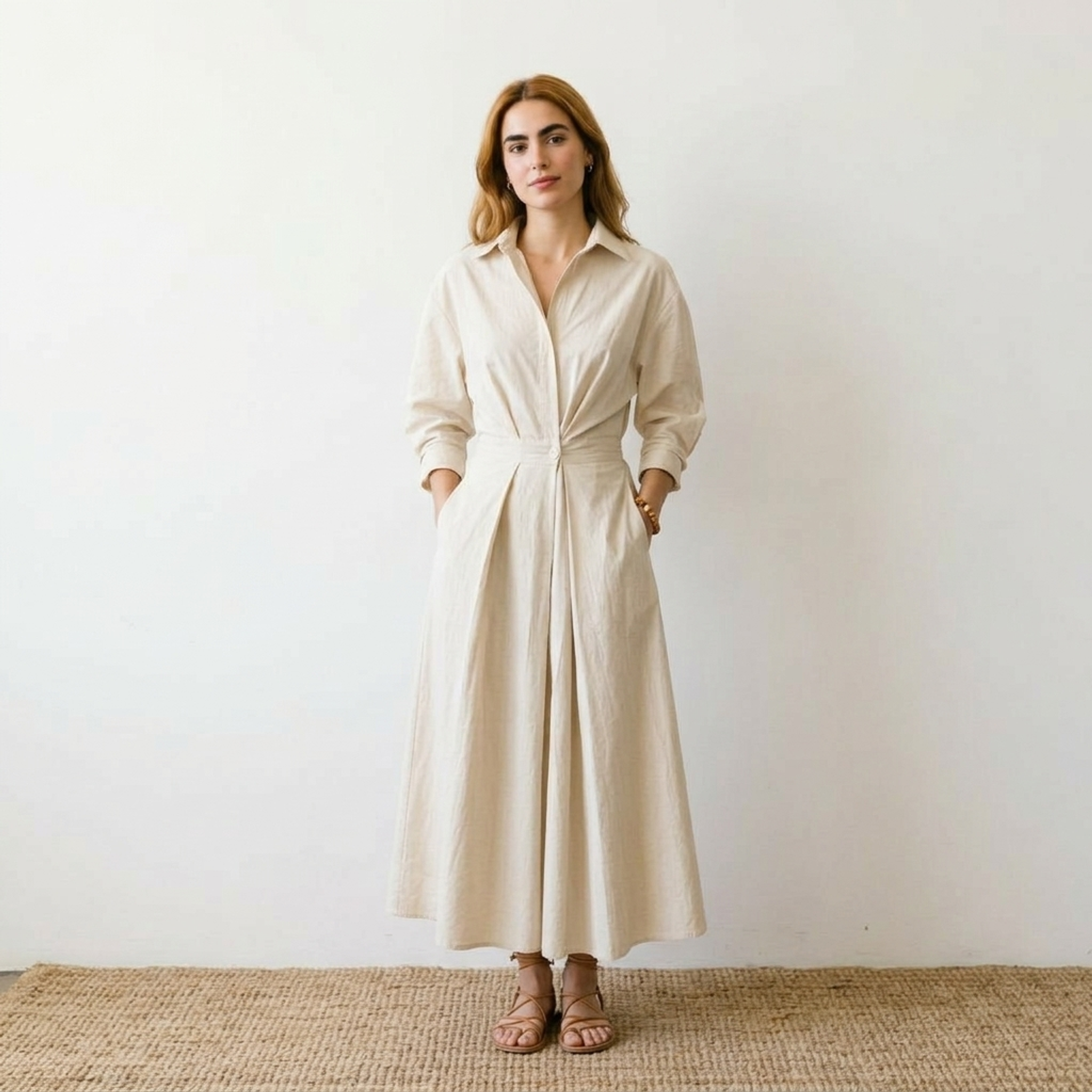 Elegant V-Neck Midi Shirtdress Beige