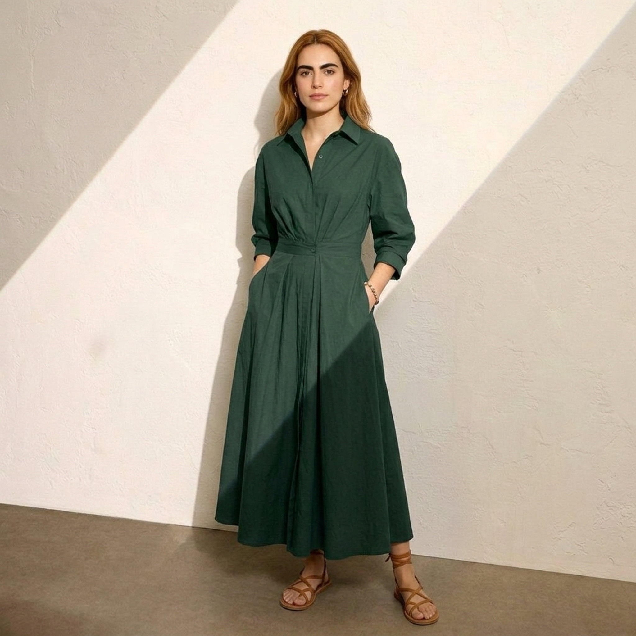 Elegant V-Neck Midi Shirtdress Dunkelgrün