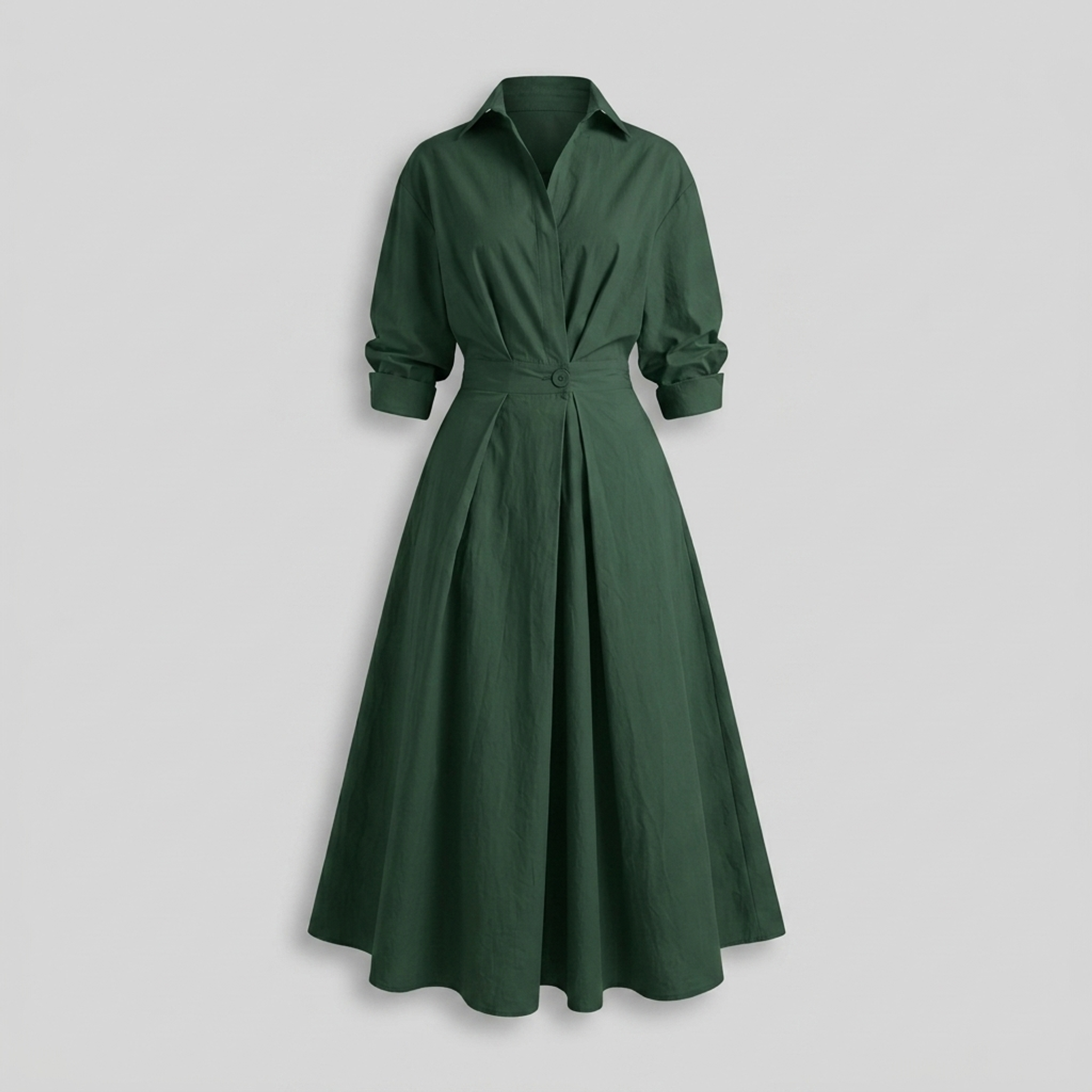 Elegant V-Neck Midi Shirtdress Dunkelgrün