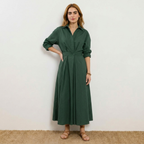 Elegant V-Neck Midi Shirtdress Dunkelgrün