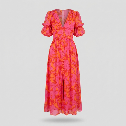 Geblümtes Maxikleid mit Puffärmeln Pink/Orange