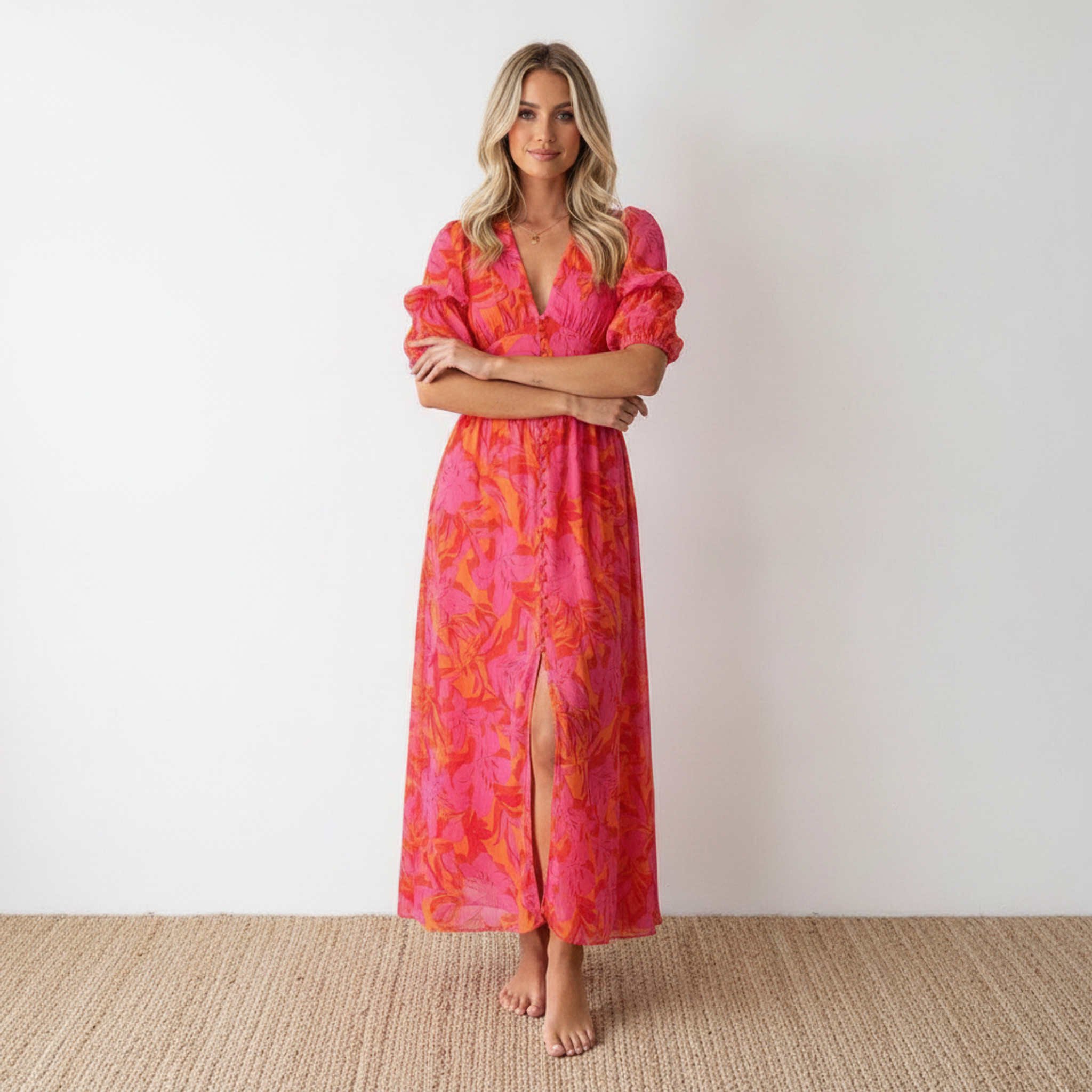pink and orange puff sleeve dress Montebello Puff Sleeve Maxi Dress Floral Pink/Orange