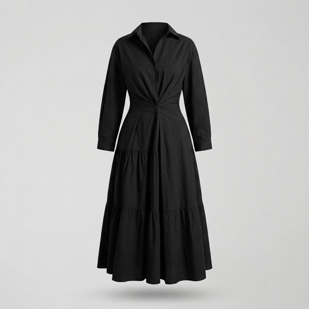 Elegant V-Neck Midi Shirtdress Schwarz