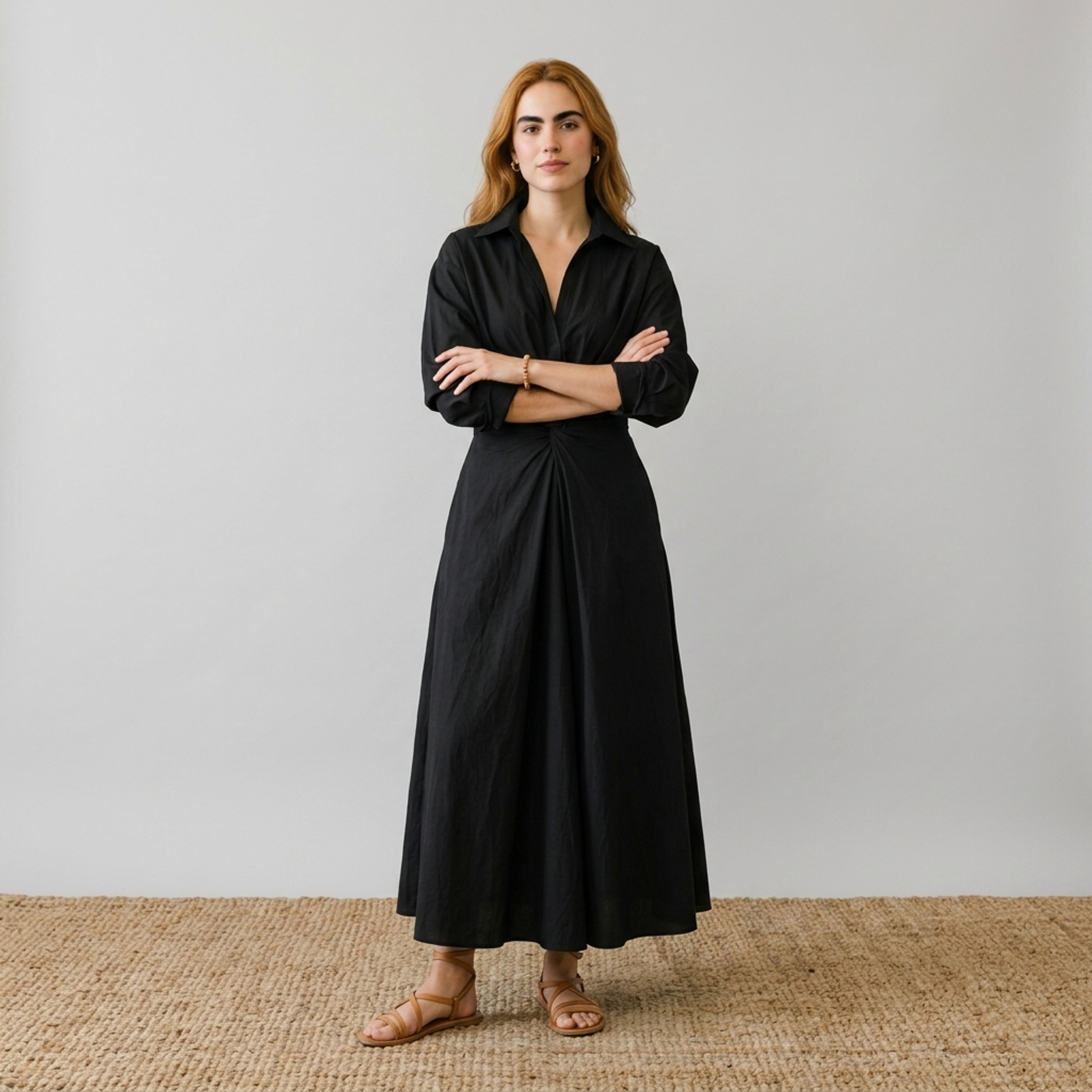 Elegant V-Neck Midi Shirtdress Schwarz