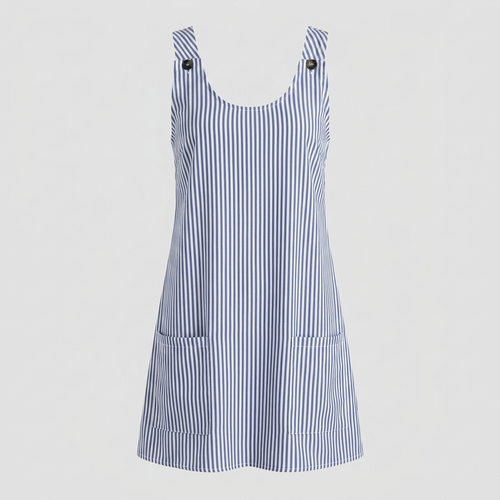 Gestreiftes ärmelloses Kleid mit Taschen Blau/Weiß